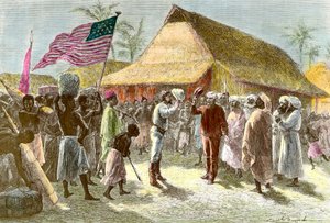 لقاء في أوجيجي على ضفاف بحيرة تنجانيقا بين هنري مورتون ، مستكشف وصحفي من ويلز (1841-1904) وديفيد ليفينجستون ، مستكشف مبشر اسكتلندي للقارة الأفريقية (1813-1873) ، في 10 نوفمبر بواسطة إميل أنطوان بايارد