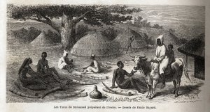 تحضير العاج ، لتاجر تركي ، أوغندا ، رسم إميل بايارد (1837-1891) ، يوضح رحلة الكابتن سبيك الاستكشافية في إفريقيا من 1860 إلى 1863. نقش في "" Le tour du monde "، تحرير إدوارد شارتون بواسطة إميل أنطوان بايارد