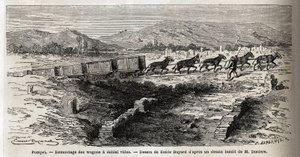 إعادة تجميع العربات الفارغة أثناء أعمال التنقيب عام 1864 في بومبي ، رسم بواسطة إميل بايارد (1837-1891) ، لتوضيح نص مارك مونير (1829-1885) "بومبي وبومبيان" ". نقش في "" Le Tour du monde "، تحرير إدوارد شارتون بواسطة إميل أنطوان بايارد