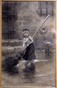 تمثيل كوزيت حافي القدمين. رسم إيضاحي لـ "البؤساء" بقلم فيكتور هوغو (1802-1885) بواسطة إميل بايارد (1837-1891) في القرن التاسع عشر. باريس ، ميزون فيكتور هوغو