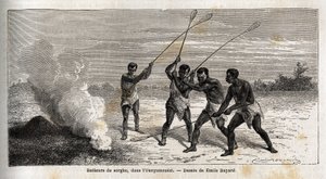 عازفو طبلة الذرة الرفيعة ، في ounyamouezi (منطقة البحيرات الكبرى ، أفريقيا) ، رسم بواسطة Emile Bayard (1837-1891) ، يوضح رحلة الكابتن Speke للاكتشاف في إفريقيا من 1860 إلى 1863. نقش في "" Le tour du monde "، تحرير إدوارد شارتون بواسطة إميل أنطوان بايارد