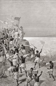 ستانلي ومشاهدة بعثته الأولى تنجانيقا ، شرق أفريقيا ، عام 1872 ، رسم توضيحي من "العالم في اليدين" ، نشر عام 1878 بواسطة إميل أنطوان بايارد