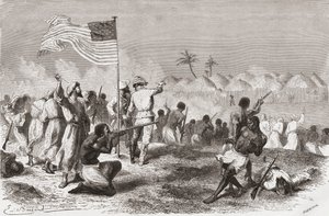 هجوم ستانلي على زيمبيزو خلال بعثته في عام 1871 ، رسم توضيحي من "العالم في اليدين" ، محفور بواسطة هنري ثيوفيل هيلديبراند (1824-97) ، نشر عام 1878 بواسطة إميل أنطوان بايارد