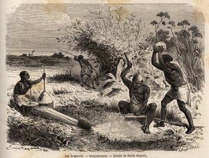 الحدادين ، في ounyamouezi (منطقة البحيرات الكبرى ، أفريقيا) ، رسم بواسطة إميل بايارد (1837-1891) ، يوضح رحلة الاستكشاف في إفريقيا ، من 1860 إلى 1863 للكابتن سبيك. نقش في "" Le Tour du monde "، تحرير إدوارد شارتون بواسطة إميل أنطوان بايارد