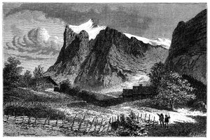 منظر لجبال الألب السويسرية. رسم توضيحي بواسطة إميل بايارد لكتاب Les Montagnes d