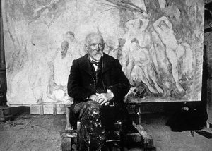 بول سيزان (1839-1906) رسام فرنسي في عام 1904 أمام إحدى لوحاته التي تظهر سباحين (صورة بالأبيض والأسود)
