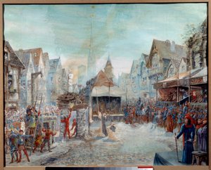 حرب المائة عام: "" قادت جان دارك (1412-1431) على الجزار "(Place du Vieux-Marche in Rouen). رسم إميل ديشايس (1875-1946) 1901. صن. 0،73 × 0،6 م روان ، متحف الفنون الجميلة انتباه! قد يخضع استخدام هذا العمل إلى جهة خارجية بواسطة إميل ديشايس