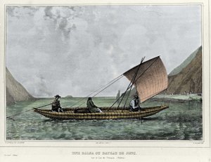 A Balsa أو قارب متهور على بحيرة تيتيكاكا (بوليفيا). الطباعة الحجرية بواسطة إميل لاسال (1813-1871) - في "" رحلة دانس لامريك ميريديونالي "بقلم ألكيد دوربيني (1802-1857) بواسطة إميل لاسال