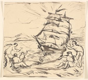 المناظر الطبيعية الساحلية مع السفن الشراعية والإشارات. بواسطة Emile Othon Friesz