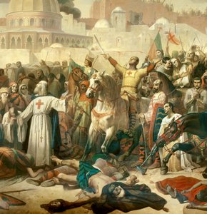 تفاصيل: الحملة الصليبية الأولى: "" الاستيلاء على القدس بالمعابر في 15/07/1099 "" غودفروي دي بويون يعطي نعمة لله في حضور بطرس الناسك (أو الناسك)