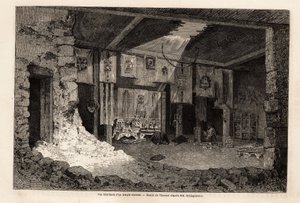 منظر داخلي لمعبد تبتي ، رسمه ثيرون ، لتوضيح تلخيص عام 1862 الجغرافي ، بواسطة فيفيان دي سانت مارتن. نقش في "" Le Tour du monde "، تحرير إدوارد شارتون