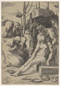 قبر المسيح ، الذي صدره يوسف من Arimathea ، مع راكعين و ... ، 1543.