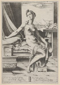 Lucretia عارية وتجلس أمام النافذة ، خنجر في يدها اليمنى وتمسك د ... ، كاليفورنيا. 1535-67.