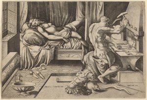 فينوس متكئ مع فولكان في هيس فورغه بواسطة Enea Vico بعد Parmigianino