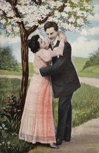 الزوج الذي يعانق تحت شجرة إزهار (chromolitho) بواسطة مصور انجليزى