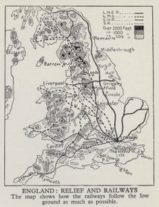 Map showing how railways in England follow the low ground as much as possible (b/w photo) بواسطة مصور انجليزى