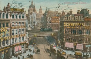 بطاقة بريدية من سيرك لودغيت ، لندن ، أُرسلت عام 1913 (صورة ملونة باليد) بواسطة مصور انجليزى
