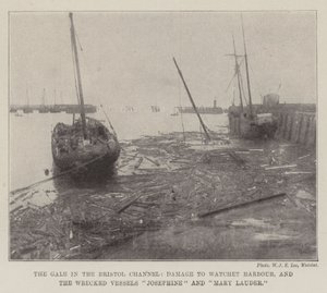 The Gale in the Bristol Channel، Damage to Watchet Harbour، and Wrecked Vessels السفن جوزفين وماري لودر بواسطة مصور انجليزى