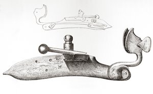 القرن السابع عشر Matchlock. آلية أو قفل يستخدم لإطلاق سلاح ناري محمول باليد ، من الجيش البريطاني: أصوله ، تقدمه ومعداته ، نُشر عام 1868. بواسطة مدرسة اللغة الإنجليزية