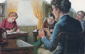 1873، ثلاثة طلاب من كلية غيرتون التي تأسست حديثًا يخضعون لامتحانات الشهادة النهائية (صورة حجرية ملونة) بواسطة مدرسة اللغة الإنجليزية