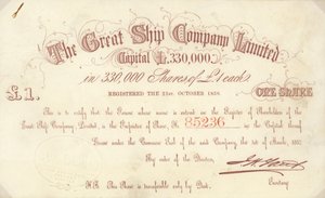 شهادة سهم بقيمة £ 1 صادرة عن شركة Great Ship Company Limited بواسطة مدرسة اللغة الإنجليزية