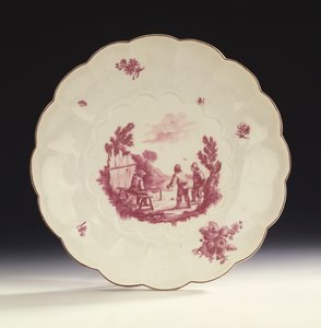 طبق دائري كبير مخدد من تشيلسي مرسوم عليه ثلاثة فلاحين يلعبون الرخام بعد Tenier&39;s Le Jeu de la Gobille ، حوالي 1754 (سيراميك) بواسطة مدرسة اللغة الإنجليزية