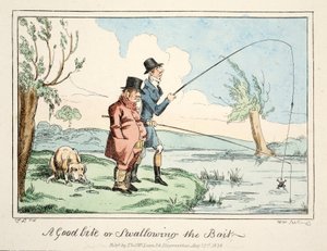 A Good Bite or Swallowing the Bait, pub. 1835 (hand coloured engraving) بواسطة مدرسة اللغة الإنجليزية