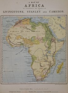خريطة إفريقيا لتوضيح رحلات ديفيد ليفينغستون (1813-1873) وهنري مورتون ستانلي (1841-1904) وفيرني لوفيت كاميرون (1844-1894)