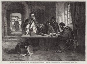 A Monk instructing others in the Art of Illumination (engraving) بواسطة مدرسة اللغة الإنجليزية
