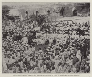 صنع السلام بين السكان الهندوس والمحمدين في باتان ، في مقاطعة كاثياوار ، الهند (نقش) بواسطة مدرسة اللغة الإنجليزية