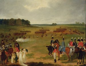 مراجعة لسلاح الفرسان المتطوعين في لندن والمدفعية الطائرة في هايد بارك في عام 1804 ، ج 1804 (زيت على متن الطائرة على اللوحة) بواسطة مدرسة اللغة الإنجليزية