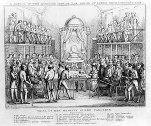 A Sketch of the Interior View of the House of Lords, representing the Trial of Her Majesty Queen Caroline, pub. 1820 (b/w engraving) بواسطة مدرسة اللغة الإنجليزية