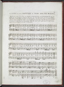 "أغنية من سكان نيو ساوث ويلز الأصليين" ، من "Musical Curiosities" ؛ أو مجموعة مختارة من الأغاني الوطنية والهواءات الأكثر تميزًا ... "، بقلم إدوارد جونز 1811 (ليثو) بواسطة مدرسة اللغة الإنجليزية