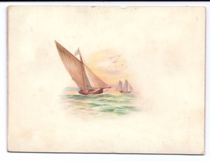 بطاقة السنة الجديدة الفيكتورية مع اليخوت التي تبحر في ضوء القمر ، حوالي عام 1895 بواسطة مدرسة اللغة الإنجليزية