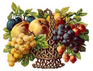 قصاصة ورقية من العصر الفيكتوري لسلة من الفاكهة، حوالي عام 1880 (طباعة حجرية ملونة) بواسطة مدرسة اللغة الإنجليزية