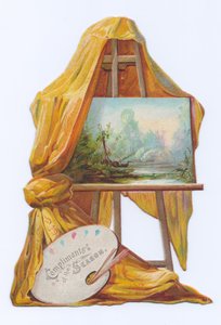 بطاقة فيكتورية مقطوعة على شكل قالب لرسمة على حامل رسام وعليها ستارة، حوالي عام 1880 (طباعة حجرية ملونة) بواسطة مدرسة اللغة الإنجليزية