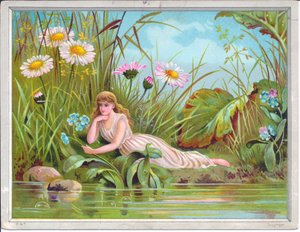 بطاقة تهنئة من العصر الفيكتوري لجنية تتكئ على مجرى مع حشائش وأقحوان على الضفة ، c.1880 بواسطة مدرسة اللغة الإنجليزية