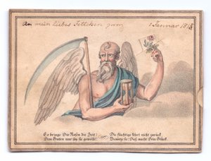 A Victorian greeting card of the grim reaper with a scythe and hourglass holding a rose, c.1815 (colour litho) بواسطة مدرسة اللغة الإنجليزية