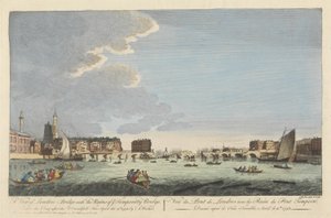 منظر لجسر لندن مع أنقاض الجسر المؤقت بعد حريق 11 أبريل 1758 (نقش ملون) بواسطة مدرسة اللغة الإنجليزية