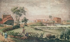 منظر غربي لجسر تشيلسي ، 1761 (نقش الألوان) بواسطة مدرسة اللغة الإنجليزية