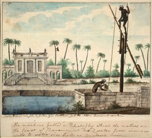 حديقة استعمارية تظهر الري ، حوالي عام 1787 (ألوان مائية على ورق) بواسطة مدرسة اللغة الإنجليزية