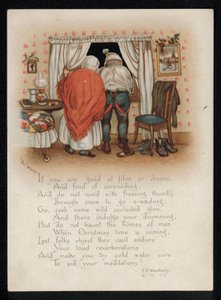 A couple objecting to carol singers outside their window, Christmas greetings card. (chromolitho) بواسطة مدرسة اللغة الإنجليزية