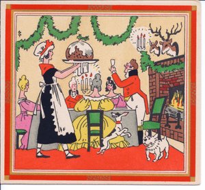 بطاقة PochoirChristmas الفرنسية الملونة باليد لخادمة تخدم حلوى عيد الميلاد ، حوالي 1920 بواسطة مدرسة اللغة الإنجليزية
