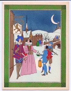 بطاقة عيد الميلاد Pochoir الفرنسية الملونة باليد لمشهد تيودور لموسيقيي الشوارع الذين يكافأون على أدائهم ، حوالي 1920 بواسطة مدرسة اللغة الإنجليزية