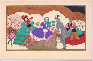 بطاقة عيد الميلاد Pochoir الفرنسية الملونة باليد للمتزلجين الجليديين الفيكتوريين مع مزلقة ، حوالي عام 1920 بواسطة مدرسة اللغة الإنجليزية