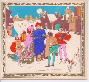 بطاقة عيد الميلاد Pochoir الفرنسية الملونة يدويًا لزوجين من رجال الشوارع الإليزابيثيين يسليون بالسيدة وسيدة ، بينما تحمل صفحتهم فانوسًا ، حوالي 1920 بواسطة مدرسة اللغة الإنجليزية