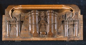 مخطوطة خاطئة تصور حصان السير Yvains المحاصر على أنه مدخل بوابة قلعة متقنة ، تم تخفيض New College Chapel ، أكسفورد ، أواخر القرن الرابع عشر (الخشب)