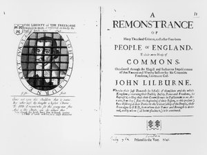 احتجاج من ليفليرس على مجلس العموم بشأن سجن زعيمهم جون ليلبورن (c.1614-57) نشر 1646 بواسطة مدرسة اللغة الإنجليزية