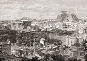 منظر لأثينا القديمة ، اليونان. من مراجعة المراجعات ، تم نشره عام 1891 بواسطة مدرسة اللغة الإنجليزية
