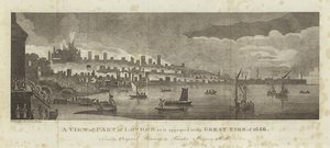 منظر لجزء من لندن كما ظهر في الحريق الكبير عام 1666 بواسطة مدرسة اللغة الإنجليزية